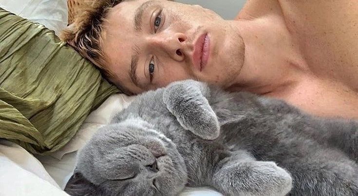 a man laying in bed with a gray cat sleeping next to him on the pillow