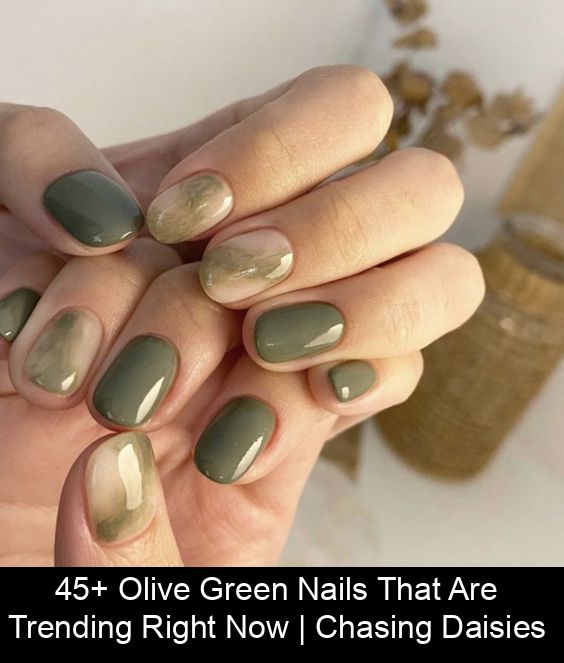 If you're looking to try out something new, why not go for olive green nails on your next trip to the salon? It's quite tempting to always go for more classic colors like black, red, Simple Olive Green Nails, Safari Green Nails, Olive Green Almond Nails, Olive Nail Designs, Chasing Daisies, Olive Green Nails, Olive Nails, Navy Nails, Safari Green