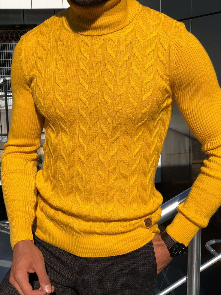 Calvin Slim-Fit Turtleneck Knitwear Yellow-baagr.myshopify.com-sweatshirts-BOJONI Yellow Knitwear, Color Clothes, Mens Turtleneck, Burgundy Shoes, Fitted Turtleneck, Men Style Tips, Knitwear Men, Yellow Sweater, Mens Casual Outfits