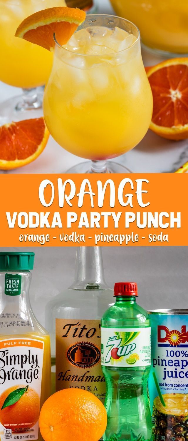 an orange vodka party punch is served in glasses