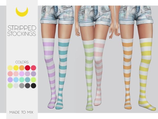 three women's striped stockings with different colors and sizes are shown in the image