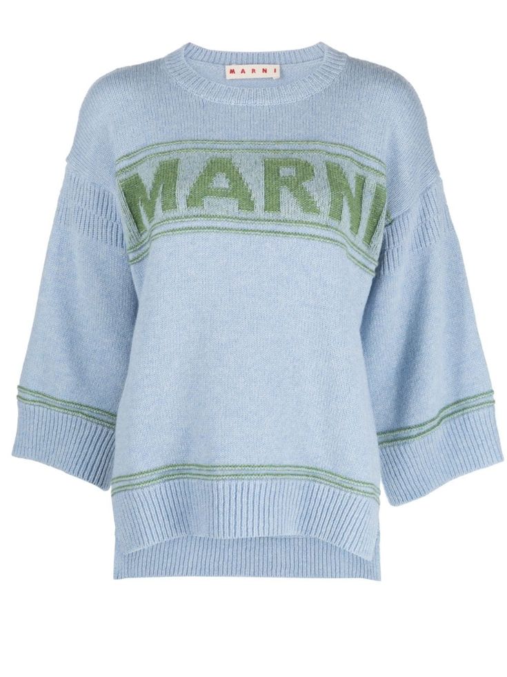 iris blue virgin wool knitted construction intarsia-knit logo crew neck drop shoulder long wide sleeves straight hem short side slits Monochrome Pattern, Fendi Logo, Pleats Please Issey Miyake, Embroidered Sweater, Wide Sleeves, Wool Sweater, Knitwear Women, Knitting Designs, Blue Sweaters