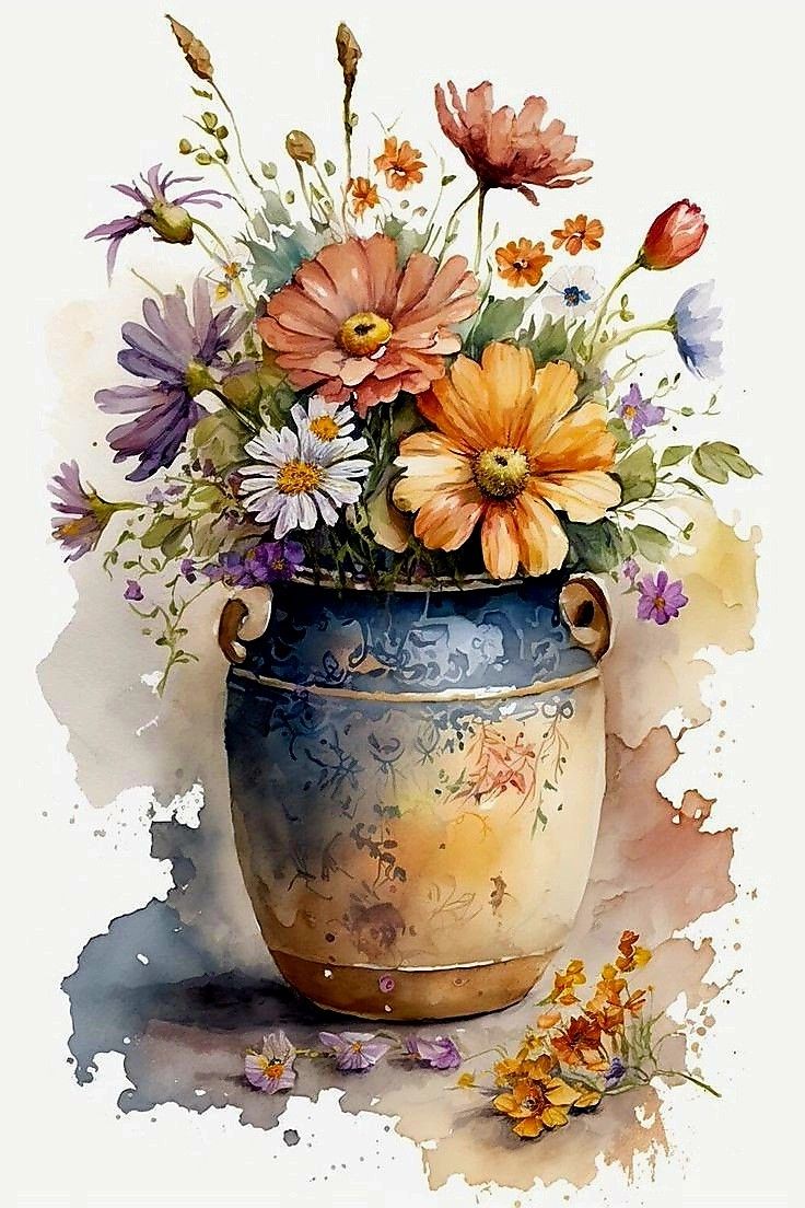 a painting of flowers in a vase on a white background with watercolor paint stains