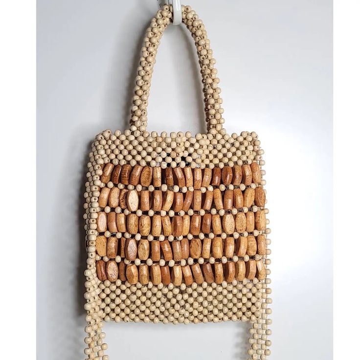 Straw Studios Handmade Wooden Beaded Bag. New But Vintage Style. Excellent Condition And Never Worn. Beaded Brown Shoulder Bag For Vacation, Beaded Rectangular Shoulder Bag In Natural Color, Beaded Brown Shoulder Bag For The Beach, Rectangular Beaded Shoulder Bag In Natural Color, Beaded Natural Rectangular Shoulder Bag, Natural Beaded Rectangular Shoulder Bag, Natural Rectangular Bag With Pearl Handle, Natural Rectangular Bag With Wooden Beads, Rectangular Natural Bag With Wooden Beads