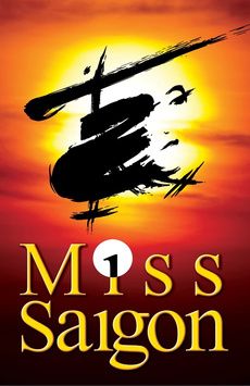 the cover of miss saigon, with an airplane flying in front of a red and yellow sky