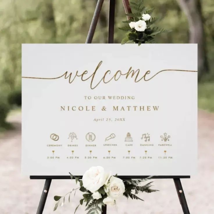 White and Gold Wedding Welcome Sign with Timeline Editable Template Wedding Timeline Sign, Order Of Events Sign, Elegant Wedding Welcome Sign, Wedding Order Of Events, Order Of Events, Wedding Posters, Wedding Order, Future Wedding Plans, Minimal Wedding