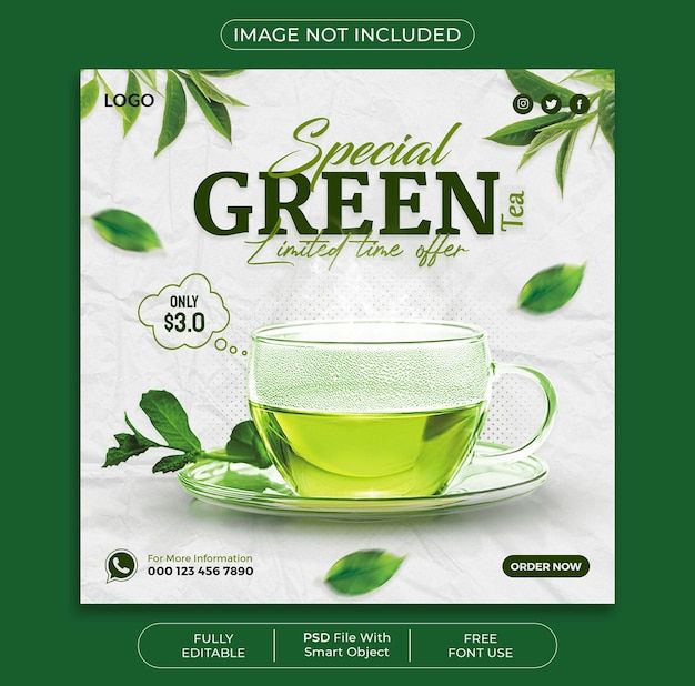 a green tea flyer with leaves on the side and a cup filled with liquid in it