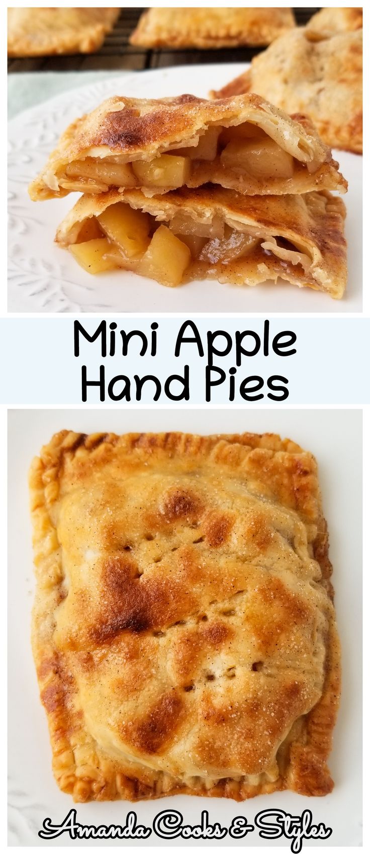 three different types of apple pies stacked on top of each other with text overlay that reads, mini apple hand pies