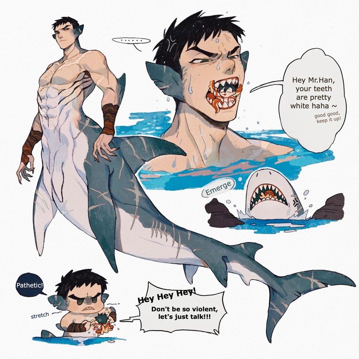 an image of a man in the water with a shark on his chest and another drawing