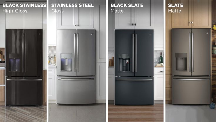 three different types of refrigerators in a kitchen