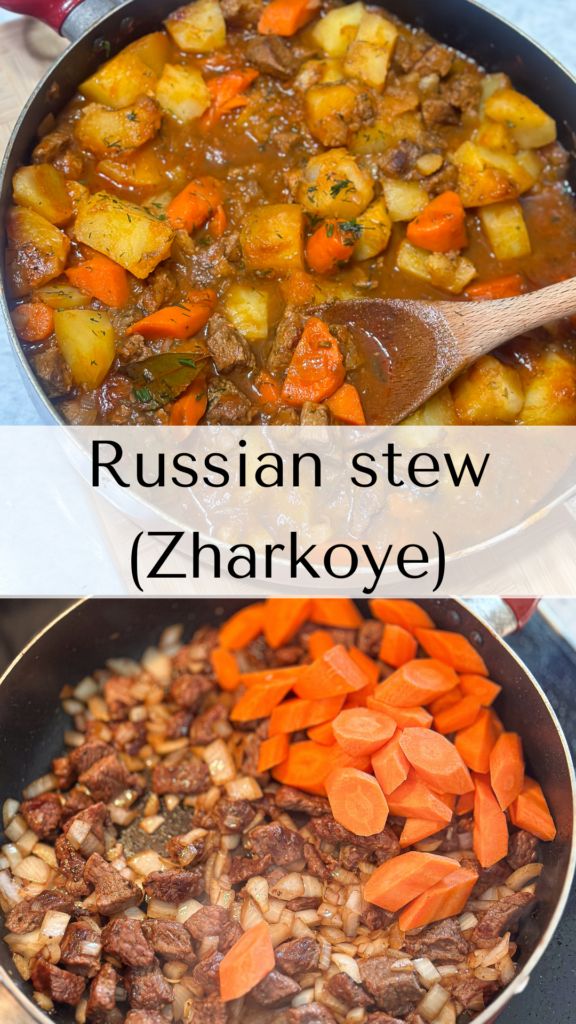 russian stew with potatoes and carrots in a skillet on the stove top, next to an image of cooked vegetables