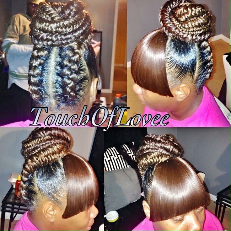 Goddess Braids bun bang Braid Bun With Bangs, Goddess Braids Bun, Fish Braids, Goddess Braids Natural Hair, Goddess Braid Bun, Braided Bangs Hairstyles, Goddess Braid Styles, Goddess Braid, Braids Bun