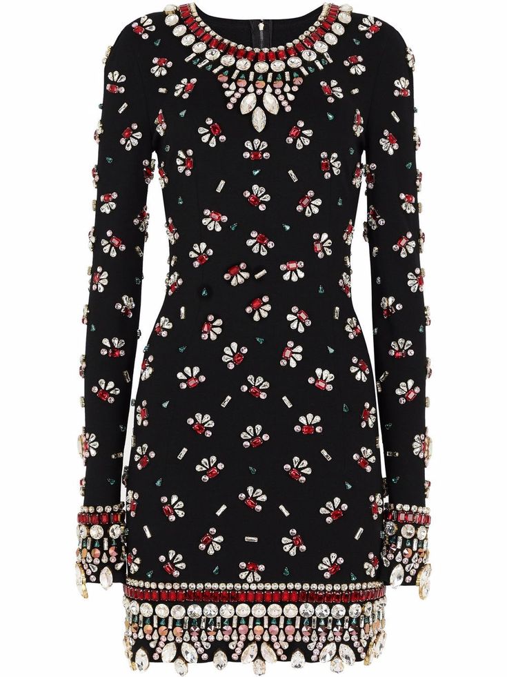 Black silk blend crystal embellished dress from DOLCE & GABBANA featuring crystal embellishment, round neck, long sleeves, fitted waistline and rear zip fastening. | Dolce & Gabbana Crystal Embellished Dress Hollister Style, Flora Dress, Elegant Mini Dress, Dolce Gabbana Dress, Crystal Embellishment, Embellished Dress, Dolce & Gabbana, Black Silk, Jersey Dress