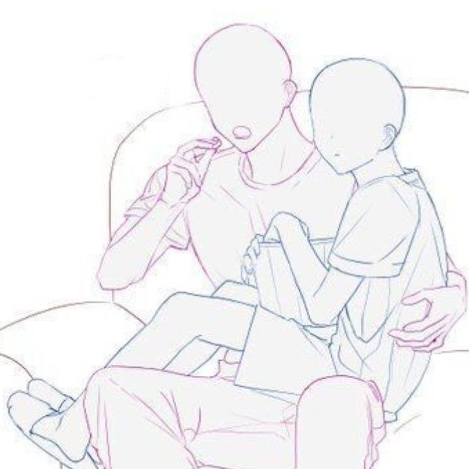 a drawing of two people sitting on a couch, one is holding the other's arm