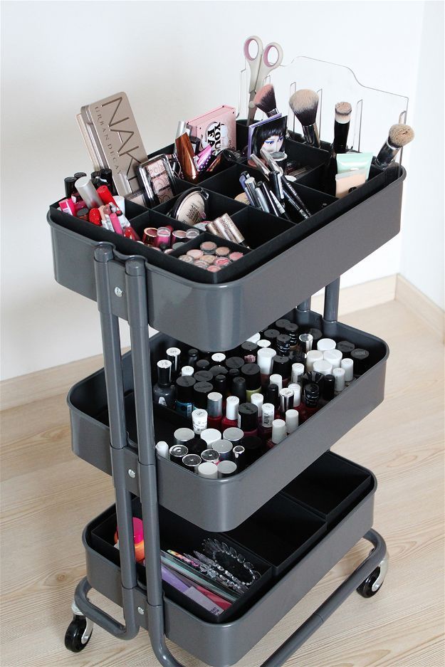 17 Makeup Storage Ideas You'll Surely LoveFacebookGoogle+InstagramPinterestTumblrTwitterYouTube 3 Tier Cart Makeup Organization, Ikea Makeup Storage, Raskog Ikea, Nail Organizer, Makeup Cart, Ikea Raskog Cart, Ikea Makeup, Diy Makeup Organizer, Ikea Cart