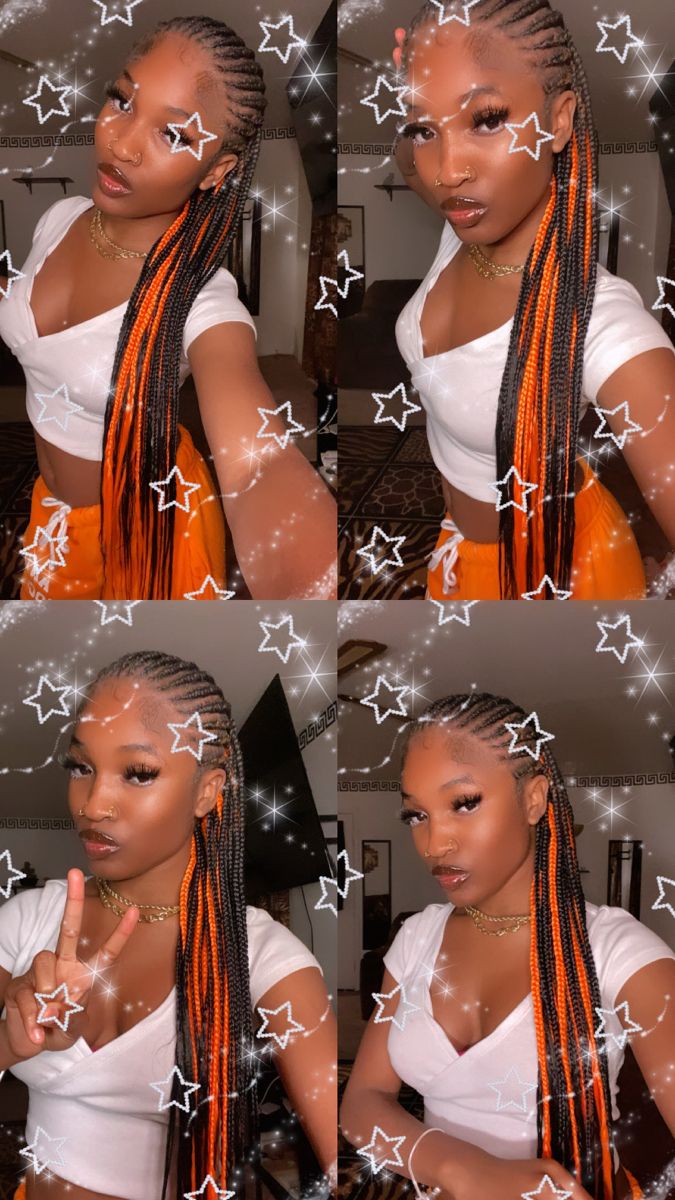 Orange And Black Knotless Braids, Orange Peak A Boo Braids, Orange Cornrows Braids, Yellow Peekaboo Braids, Orange And Black Box Braids, Braided Hairstyles Orange, Orange Cornrows, Black And Orange Braids, Orange And Black Braids