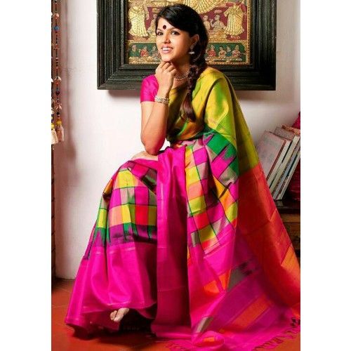 Poly Silk Multicolour Checkered Print Saree - EZ240 Indian Closet, Elegant Sarees, Bollywood Designer Sarees, Photoshoot Style, Checks Saree, Designer Silk Sarees, Sari Blouse Designs, Indian Saree Blouse, Ethnic Sarees