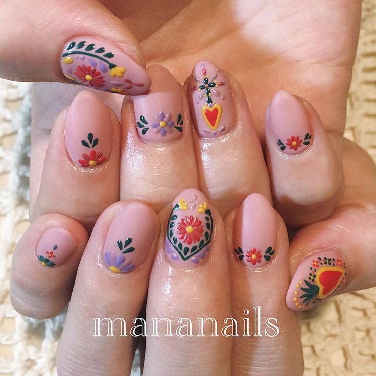 Mexican embroidery❁ Mexican Nails, Nail 2023, Quinceanera Nails, Almond Acrylic, 2023 Nails, Summer Acrylic, Nails Pretty, Mexican Embroidery, Short Acrylic