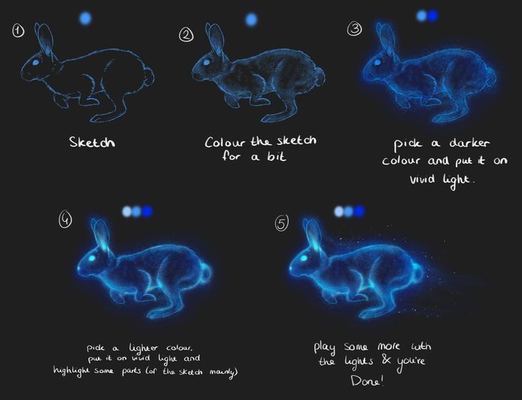 the steps in how to draw a glowing rabbit with blue light on it's body