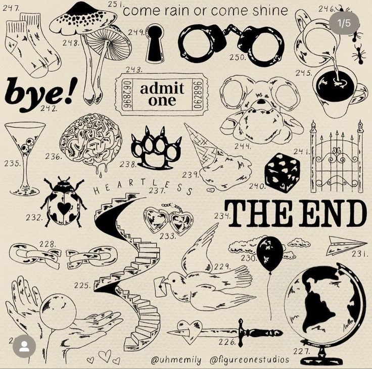 an image of the end of a poster with different things in black and white on it