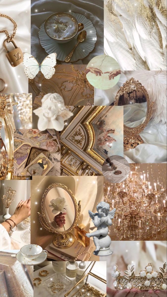 a collage of photos with gold, white and silver items in it's center