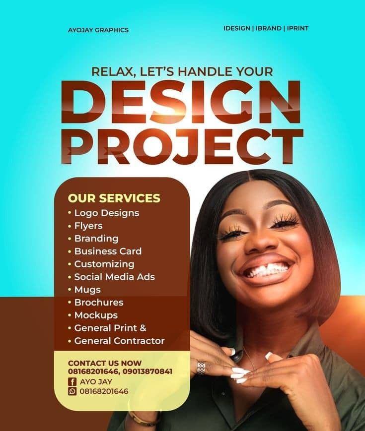 a flyer for a design project with a woman smiling and holding her hand up to her face