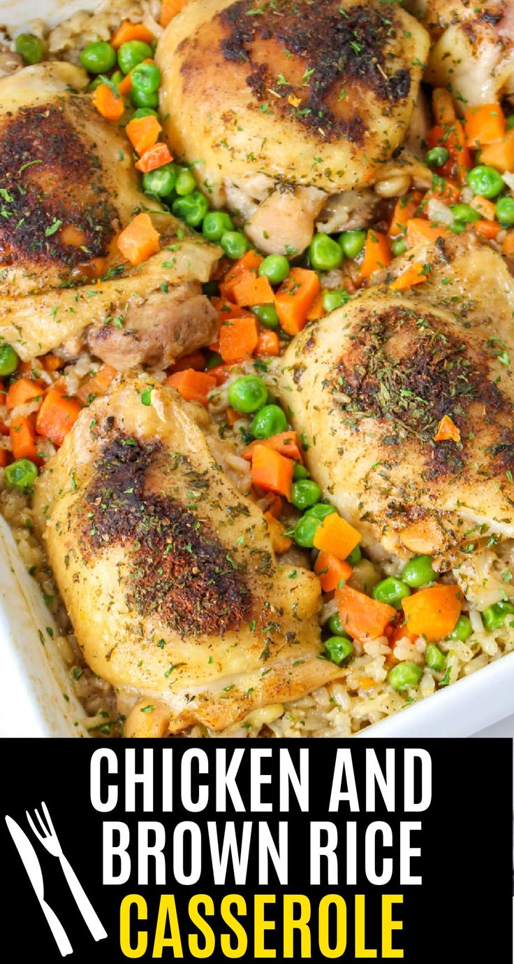 chicken and brown rice casserole in a white dish with carrots on the side