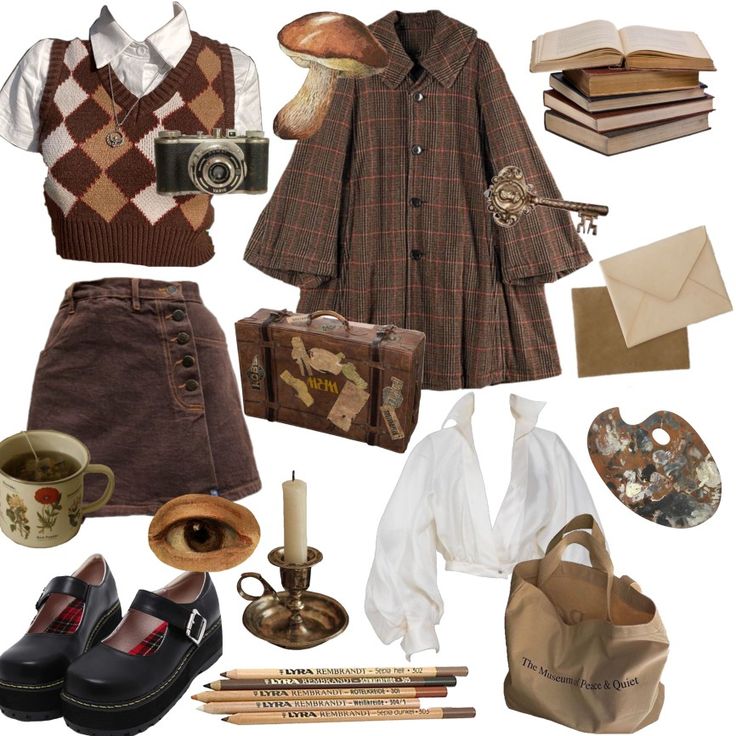 a collage of clothing and accessories including a hat, purse, coffee cup, book bag, camera