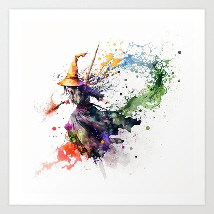 a watercolor painting of a witch holding a broom and wearing a hat with splots on it