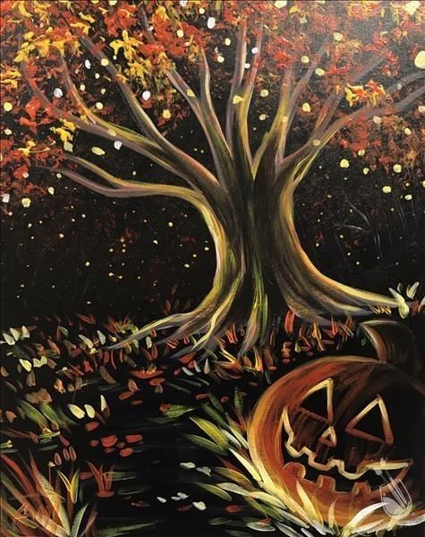 an acrylic painting of a tree with pumpkins