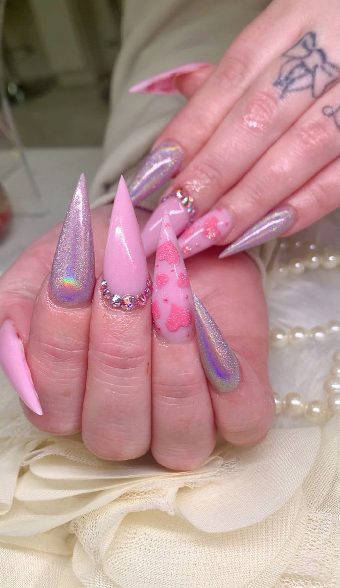 Pink Stiletto Valentines Nails, Stiletto Valentines Day Nails Pink, Pointy Valentine Nails, Valentines Stilletos Nails, Stiletto Valentine Nails, Valentines Nails Acrylic Stiletto, Valentines Day Nails Stilleto, February Nails Stiletto, Stilleto Nails Valentine