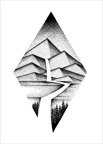 a black and white drawing of mountains with trees