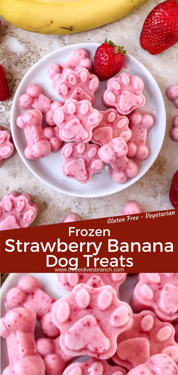 frozen strawberry banana dog treats on a white plate