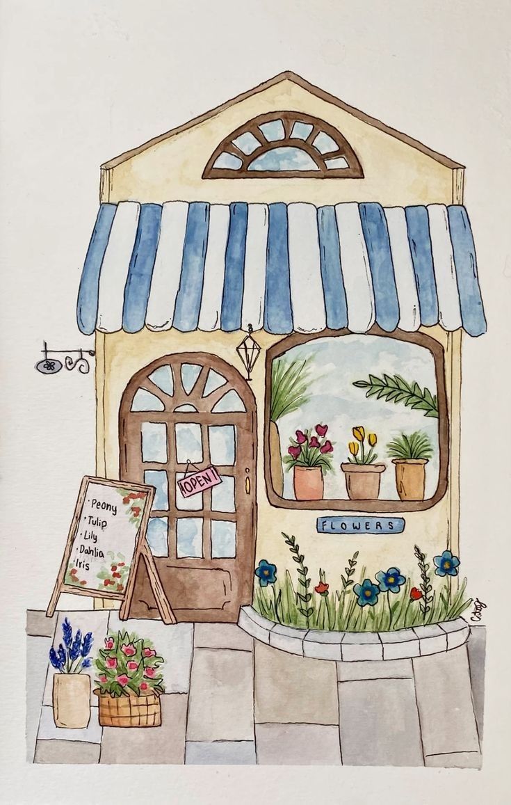 a drawing of a flower shop with potted plants