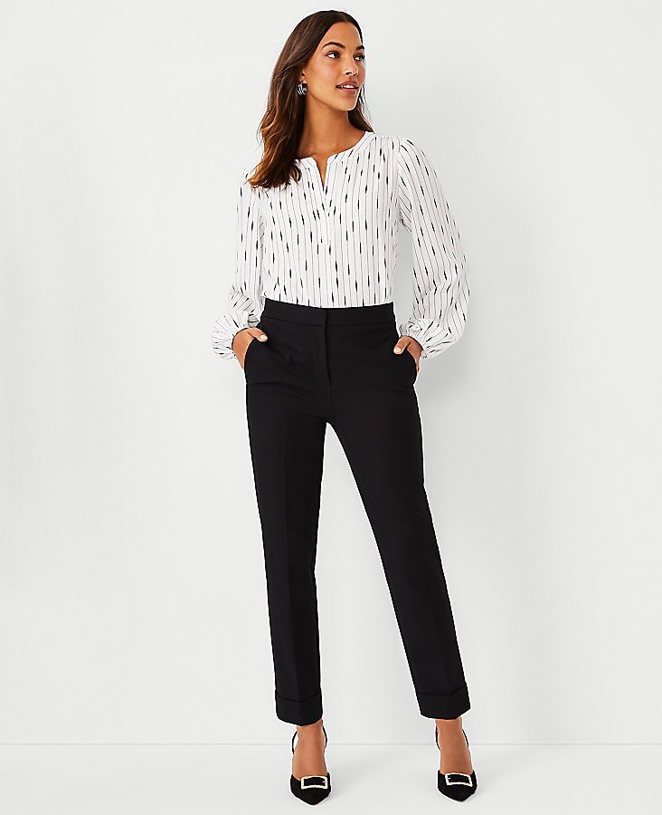 Formerly known as the ankle pant, instantly streamline your style with a lean leg and ankle grazing crop. Front zip with hook-and-bar closure. Front off-seam pockets. Back besom pockets. Shop all Eva pants,Leg Shape:Leg Shape: Slim – a slim leg that's slightly cropped for perfect proportions,Rise:High rise: sits 1/2" to 1" below natural waist,Imported:Imported,Fit:Regular fit: lean through the hip and thigh,Length:Hits at ankle: 30" inseam with 14 1/2" leg opening,Fabrication:92% Cotton, 8% Spandex,Garment Care:Machine Washable The Tall High Rise Eva Ankle Pant by Ann Taylor Size regular - 8 Black Women's Regular, Slim, Pants, 92%, Cotton, 8%, Spandex, Machine, Washable Professional Capsule Wardrobe, Work Hair, Lean Legs, Knitted Suit, Tan Woman, Tall Pants, Work Style, Slim Pants, Slim Leg