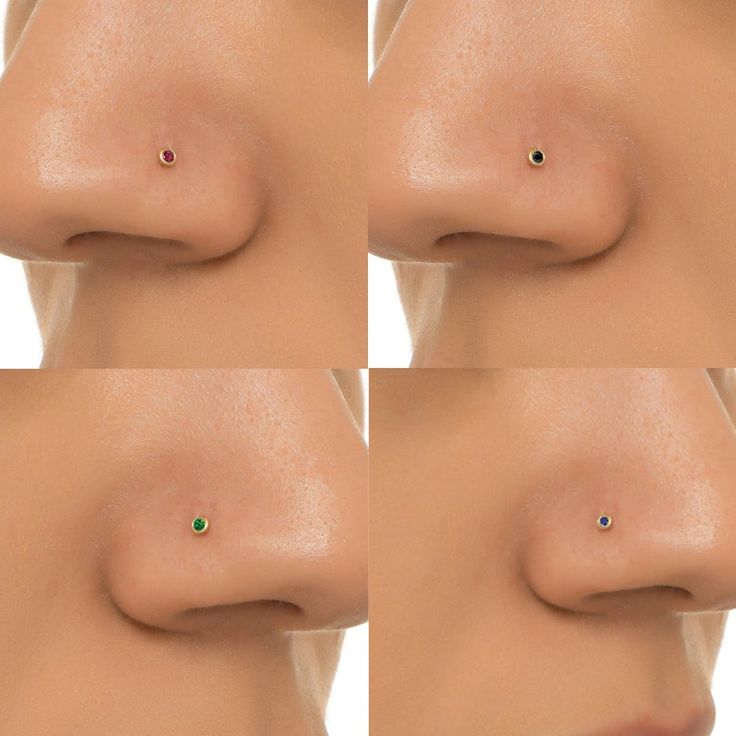 three pictures of the side of a woman's face with small green dots on her nose