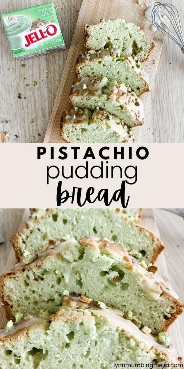 a loaf of pistachio pudding bread on a cutting board