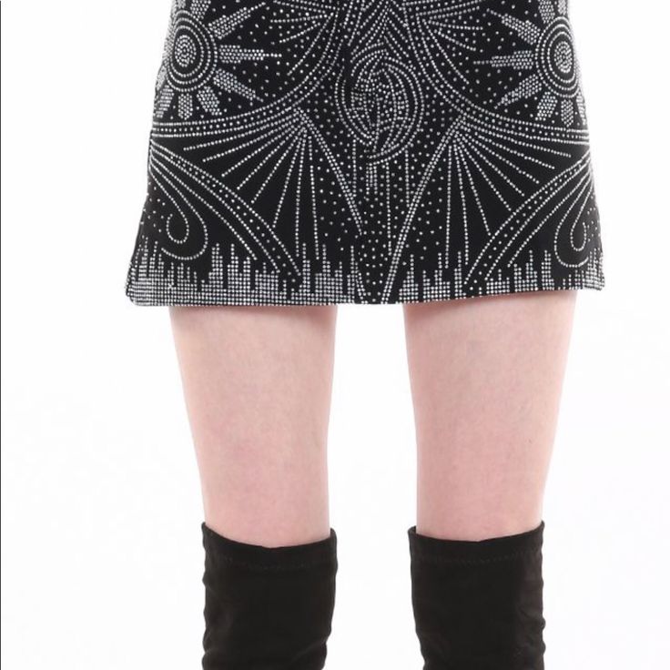 Beulah Style Glitter Studded Short Skirt S/M Or M/L 55%Cotton 45% Polyester-S/M On Model Stretchy Fabric, Zip Front Belt Included Glamorous Black Bottoms With Rhinestone Fringe, Black Embellished Mini Skirt For Party Season, Party Season Embellished Black Mini Skirt, Glamorous Evening Skirt With Rhinestones, Spring Skirt With Rhinestone Fringe, Chic Party Bottoms With Rhinestone Fringe, Summer Evening Bottoms With Rhinestones, Black Sequined Mini Skirt For Cocktail, Black Sequined Mini Skirt For Cocktail Events