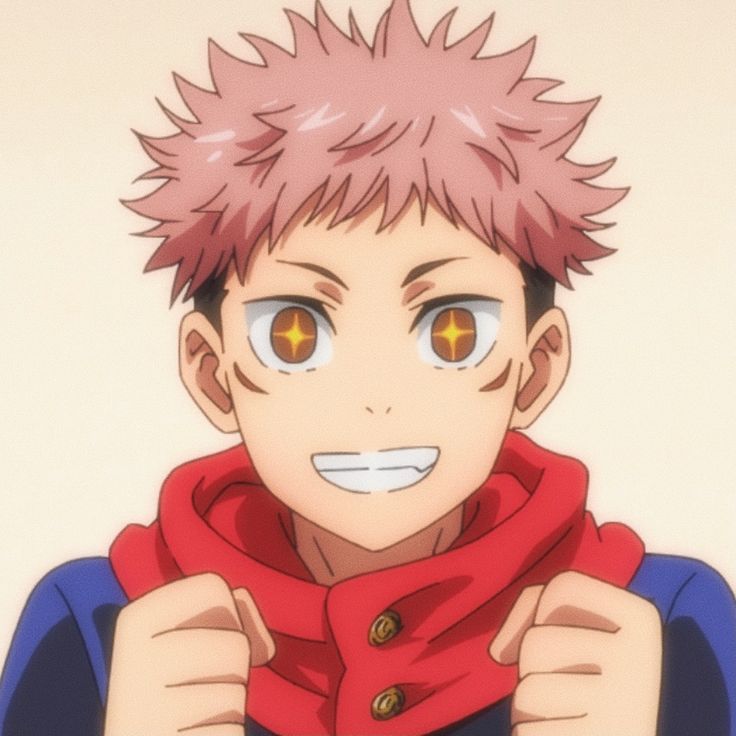 an anime character with pink hair and yellow eyes wearing a red scarf, looking at the camera