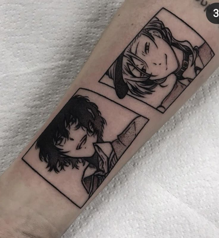 a person with a tattoo on their arm that has two pictures of people in it