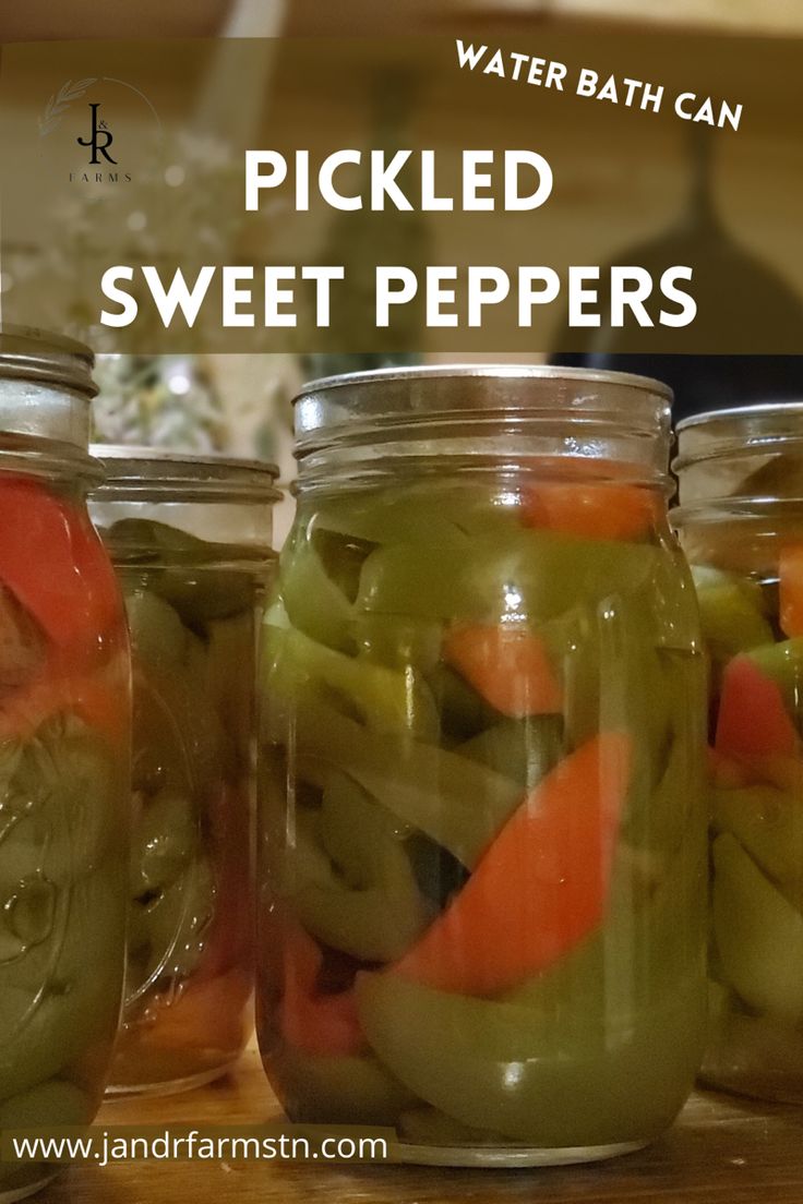 pickled sweet peppers in mason jars with text overlay