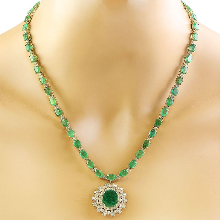 Stamped: 14KTotal Necklace Weight: 36 GramsNecklace Length: 18 InchesCenter Emerald Weight: 6.61 Carat (14.60x11.10 Millimeters)Side Emerald Weight 40.10 Carat (7.00x5.00 Millimeters)Diamond Weight: 5.06 Carat (F-G Color, VS2-SI1 Clarity) Face Measures: 27.35x25.90 MillimetersSKU: [600865] Dazzling Formal Emerald Gemstone Necklace, Pear-shaped Emerald Necklace For Formal Events, Pear-shaped Emerald Gemstone Necklace For Formal Occasions, Pear-shaped Emerald Gemstone Necklace For Formal Events, Exquisite Pear-shaped Emerald Necklace For Formal Occasions, Formal Emerald Necklaces With Diamond Cut, White Gold Diamond Emerald Necklace With Hallmark, Formal Round Diamond Necklace With Gemstones, Formal Emerald Necklace With Diamond Cut