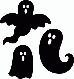 three black ghost silhouettes against a white background