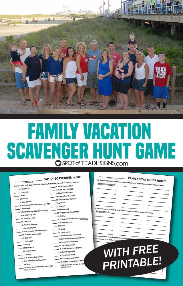 a family vacation scavenger hunt game with free printables for kids and adults