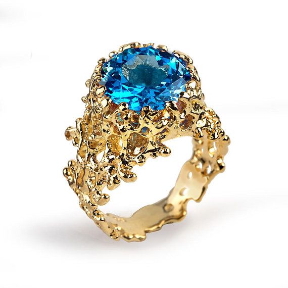 CORAL Swiss Blue Topaz Ring, Gold Engagement Ring, 14k Gold Ring, Unique Gold Ring, Gold Gemstone Ri Blue Topaz Ring Gold, Swiss Blue Topaz Engagement Ring, Unique Gold Rings, Swiss Blue Topaz Ring, Blue Topaz Engagement Ring, Pearl Engagement Ring, Purple Amethyst Ring, Topaz Engagement Ring, Gold Gemstone Ring