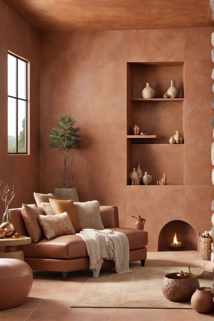 1. #CavernClay2024 
2. #WarmthandStyle 
3. #NewYear 
4. #InteriorDesign Stucco Terracotta Interior, Clay Paint Interior, Clay Paint Living Room, Textured Wall For Living Room, Terracotta Painted Fireplace, Terracotta Plaster Wall, Clay Color Painted Walls, Limewash Terracotta Wall, Cavern Clay Accent Wall