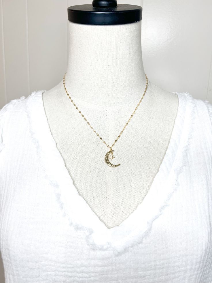 Moon & Star necklace 18K gold or rhodium plated • CHAIN LENGTH: 16" + 3" extender chain. CLASP STYLE: Lobster clasp Made in USA Gold Crescent Clavicle Chain Charm Necklace, Gold Crescent Charm Necklace With Clavicle Chain, Gold Chain Necklace With Moon Charm, Gold Moon Charm Chain Necklace, Celestial Crescent Charm Necklaces With Adjustable Chain, Celestial Crescent Charm Necklace With Delicate Chain, Gold Crescent Charm Necklace With Delicate Chain, Gold Crescent Necklaces Tarnish Resistant, Gold Crescent Clavicle Chain Necklace