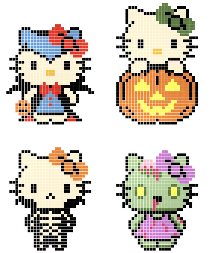 four different pixellated images of hello kitty and hello kitty pumpkins, each with an image of the same character