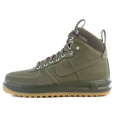 Nike Lunar Force 1 Duck Boot 'Olive' 805899-201 (SNKR) Leather Boots With Rubber Waffle Outsoles And Round Toe, Sporty Green High-top Boots, Sporty Green Boots With Round Toe, Casual Green Hiking Boots With Boost Midsole, Green Leather Waterproof Boots For Winter, Casual Nike Waterproof Lace-up Boots, Sporty High-top Green Boots, Khaki Sneakers With Boost Midsole And Round Toe, Green Sports Boots With Rubber Sole