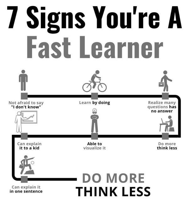 a sign that says 7 signs you're a fast learner do more think less